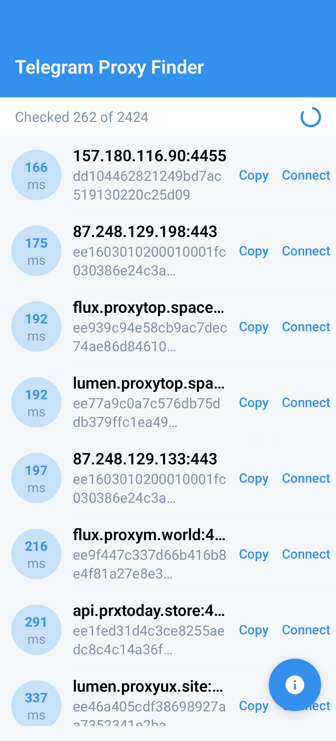 Telegram Proxy Finder: главный экран