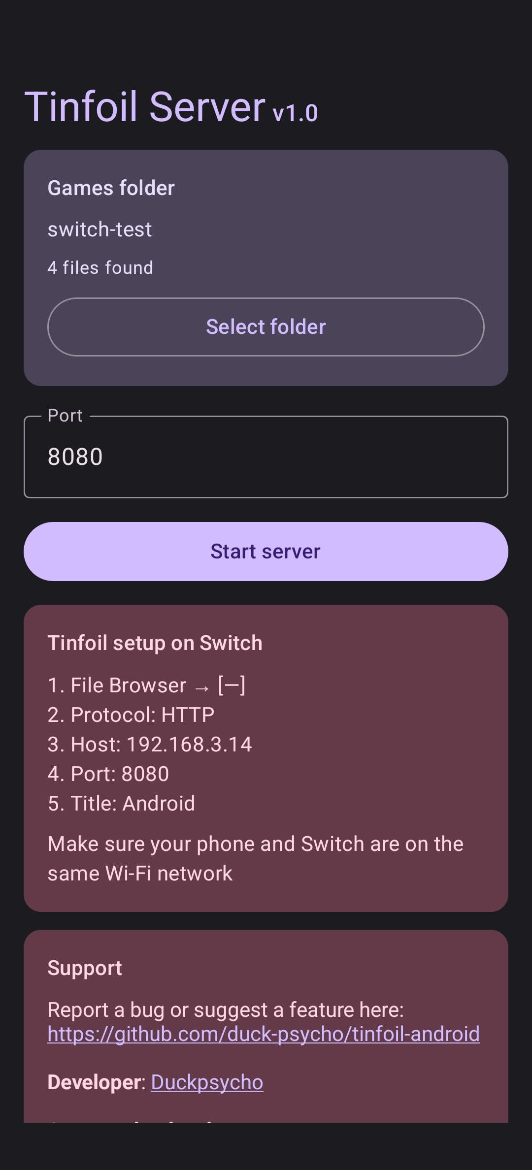 Tinfoil Server: главный экран